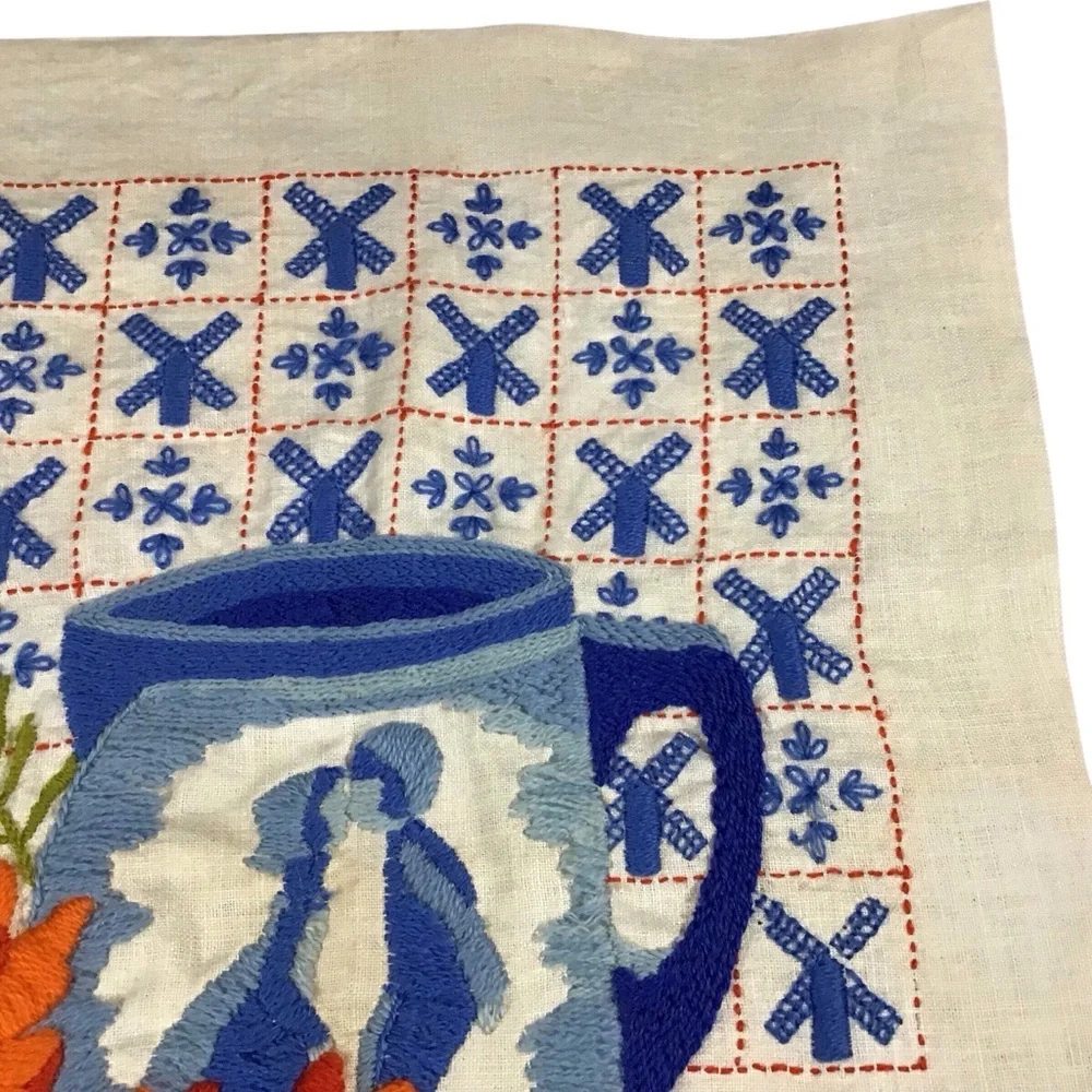 Vtg Embroidered Dutch Windmills Mug Picture Flowers Kissing Blue Orange White